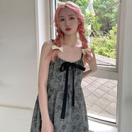 夾谷夏季少女日系軟妹裙可愛(ài)小清新連衣裙復古洋氣甜美少女印花抽繩吊 灰色花吊帶裙 M