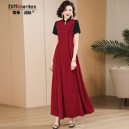 帝弗·潤馳新中式連衣裙女夏季復古國風(fēng)高端年輕款印花改良旗袍長(cháng)裙 酒紅色 M