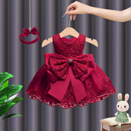 鸞雀翔一周歲女寶寶周歲生日禮服抓周服幼兒裙子兒童晚禮服女童公主紗裙 棗紅色 80 建議身高73-84體重15-22斤