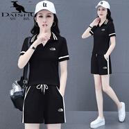 袋鼠（DAISHU）夏季網(wǎng)紅新款女士運動服套裝純棉短袖短褲休閑時尚兩件套爆款洋氣 黑色短褲套裝 XL(建議115斤-130斤)