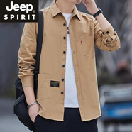 JEEP SPIRIT工裝襯衫春秋男士長袖外穿七分袖休閑寬松襯衣夾克外套男裝茄克衫 卡其【長.袖】 L