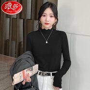 浪莎秋上新半高領(lǐng)打底衫女秋季木耳領(lǐng)修身薄款內(nèi)搭長袖黑色T恤上衣 黑色 均碼（適合80-120斤）