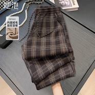 她池復古休閑褲2025冬裝新款女裝撞色格紋松緊腰加絨闊腿褲