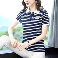凡古拉 polo短袖t恤女夏季翻領(lǐng)寬松中年女士條紋上衣純棉半袖 粗條紋寶藍(lán)色 3XL/建議130-139斤