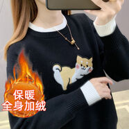 LNAN卡通毛衣女2025秋冬季新款韓版百搭寬松加厚圓領(lǐng)套頭針織打底衫 黑色[加絨加厚] 2XL (建議130-145斤)