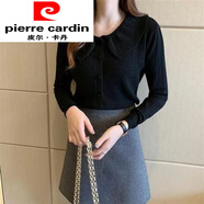 皮爾卡丹（pierre cardin）專柜打底衫女春秋外套新款洋氣娃娃領(lǐng)毛衣套頭內(nèi)搭短款長(zhǎng)袖針織衫 黑色 L_100-110斤