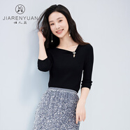 佳人苑毛針織衫女2024年秋季新款V領(lǐng)蝴蝶結(jié)金屬扣點綴鏤空領(lǐng)口七分袖 黑色 S