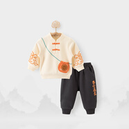 木生棉國風(fēng)嬰兒衛(wèi)衣套裝秋冬男女寶寶純棉抓絨衣服褲子兒童兩件套 米黃/斜挎包 110cm