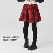 moonkids女童毛呢裙子紅色格子半身短裙2025秋冬圣誕兒童過年傘裙加厚冬裝 2201紅色加絨裙褲 120 cm