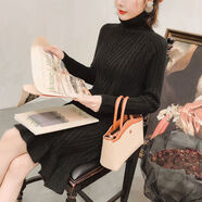 賢語(yǔ)秋冬中長(cháng)款荷葉邊魚(yú)尾打底毛衣裙女寬松高領(lǐng)針織衫連衣裙配大衣裙 黑色【高領(lǐng)荷葉邊裙】 S