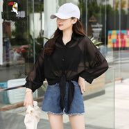 啄木鳥(niǎo)新款雪紡防曬襯衫女百搭薄款夏季外搭開(kāi)衫系帶短款披肩長(cháng)袖防曬衣 黑色  (短款系帶) 199(版) L 建議100-110斤