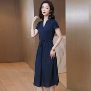 蔻伊婭新品真絲連衣裙女春夏季新款桑蠶絲中長款裙子收腰顯瘦氣質(zhì)女裝 B款藏青 2XL 128斤-138斤
