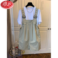 浪莎（LangSha）工裝背帶短褲女夏季2024新款韓版洋氣減齡寬松顯瘦小個(gè)子闊腿褲子 白色上衣+卡其色背帶褲 L
