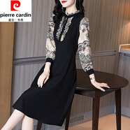 皮爾卡丹（pierre cardin）春秋季新款連衣裙時(shí)尚寬松顯瘦A字裙長(zhǎng)袖荷葉邊中長(zhǎng)款裙子氣質(zhì)潮 黑色(面料) 3XL 建議125-135斤