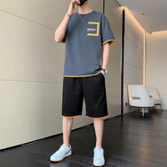 男府男士短袖t恤圓領(lǐng)純棉夏季上衣服男裝夏天半袖體恤衫潮牌休閑套裝 22003鐵灰套裝 3XL(建議160-175斤)