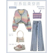 綻巢春天衣服女裝新款2024套裝顯瘦春季溫柔系穿搭女韓版百搭吊帶短款 紫色吊帶+紫色開衫+藍(lán)色牛仔褲 M 建議80-100斤