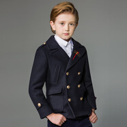 鼎瑪仕斷碼促銷(xiāo)兒童呢子大衣男童毛呢外套中大童加厚夾棉秋冬新款羊毛呢 深藍色繡花 130