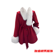 口旋法式復古紅色毛呢外套純欲感拼接毛絨領(lǐng)收腰綁帶短褲秋冬套裝 毛毛外套+短褲 -冬裝搭配一整套女 S 160