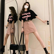 口旋夏季女裝韓版寬松顯瘦學(xué)生輕熟風(fēng)上衣套裝辣妹多巴胺穿搭一整套 套裝1718黑短袖+1718臟粉短裙 S