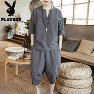 花花公子（PLAYBOY）中國風(fēng)亞麻短袖套裝男夏季唐裝男士大碼寬松V領(lǐng)棉麻T恤兩件套 W18深灰色 5XL