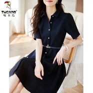 啄木鳥通勤OL翻領(lǐng)單排扣職業(yè)工裝連衣裙女高級感氣質(zhì)華夫格polo領(lǐng)襯衫裙 藏青色 L