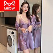 貓人（MiiOW）睡衣女夏季冰感2025新款蕾絲春夏款吊帶仿仿真絲睡裙睡袍兩件套 P8008紫色 L