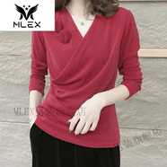 MLEX夢(mèng)華文女裝秋季新品V領(lǐng)洋氣百搭氣質(zhì)打底衫女亮絲長(zhǎng)袖顯瘦t.恤上 紅色 3XL 120-130斤