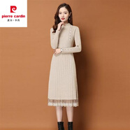 皮爾卡丹（pierre cardin）連衣裙女加絨加厚款配大y長款過膝針織秋冬百搭半高領打底毛衣裙 蕾絲A版型：  米色 M 建議80-95斤
