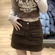 兮漁珥短短裙女冬天遮夸顯瘦牛仔寬松高腰闊腿大口袋包臀A字裙子 咖啡色 S碼【建議85-95斤】