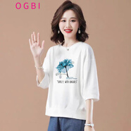 OGBI中袖上衣女新款歐貨棉七分袖打底衫恤休閑簡(jiǎn)約春秋圓領(lǐng)女士上衣 白色(DAISY藍花) M 建議90-115斤