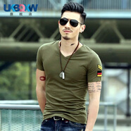 XQBKUW刺繡中國軍迷裝男迷彩服作訓練緊身短袖T恤衫體能半袖夏裝 V·領(lǐng)徽章綠 XL (120-135斤)