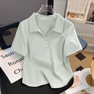 妃麗慕尚大碼女裝polo領短袖t恤女夏季200斤胖mm時尚刺繡寬松顯瘦遮肉上衣 149豆綠色 3XL 建議150-170斤