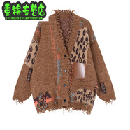 居幻復(fù)古豹紋加厚毛衣外套女裝秋冬寬松休閑設(shè)計(jì)感毛邊中長(zhǎng)款針織開(kāi)衫 卡其色 均碼