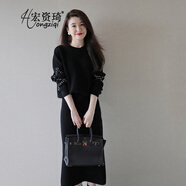 宏資琦連衣裙女裝時(shí)尚套裝女2025秋冬新款氣質(zhì)顯瘦小香風(fēng)針織裙子兩件套 黑色 S