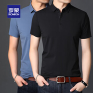 羅蒙短袖復(fù)古t恤男士夏季冰絲高端商務(wù)polo半袖衫截上衣百搭速干衣服 【兩件裝】霧霾藍(lán)+黑色 2XL 【建議140-160斤】-面料升級(jí)