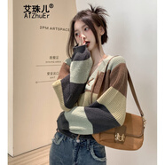 艾珠兒（Aizhuer）針織衫女春秋新款條紋撞色系帶v領(lǐng)長袖氣質(zhì)顯瘦減齡寬松短款毛衣 圖片色 均碼（建議80-140斤）