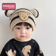 babyjianle秋冬兒童帽可愛(ài)超萌新生韓版同款寶寶毛線(xiàn)帽雙球護耳帽嬰兒帽子 打格小熊 【米色】 6月-3歲