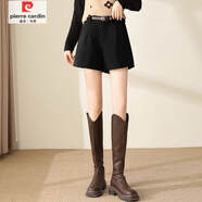 皮爾卡丹（pierre cardin）毛呢西裝短褲女2026秋冬季新款外穿配靴子高腰顯瘦寬松a字闊腿褲 黑色(不配腰帶) S (建議95斤以下)