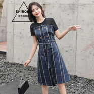 SHIROMA女裝格子拼接假兩件牛仔連衣裙女夏季新款韓版時尚中長款修身彈力 黑藍(lán)色 L