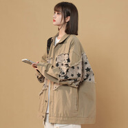 QGF美式復(fù)古牛仔外套女春秋季開(kāi)衫寬松長(zhǎng)袖上衣小眾chic翻領(lǐng)休閑夾克 DSB203-JK33卡其色 M