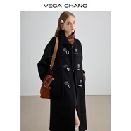 VEGA CHANG黑色毛呢子大衣女2025秋冬新款格紋中長款大衣 鋯石黑 S