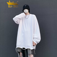 金盾港風(fēng)寬松落肩袖上衣破洞長(cháng)袖T恤男高街ins休閑打底衫潮流百搭上衣 白色 M