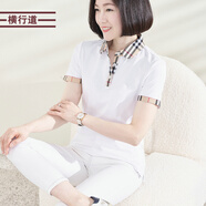 橫行道翻領格子短袖拼接格2024新款夏裝寬松純色娃娃領外穿短袖女衣 白色 XL