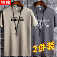 迪貝狼短袖t恤男夏裝百搭男士上衣半袖寬松體恤大碼印花圓領衣服男裝T恤 KY7卡其+點線鐵灰 XL 建議 135/145斤