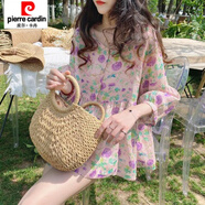 皮爾卡丹娃娃衫上衣夏季女韓版寬松襯衣甜美洋氣a字蓬蓬碎花小衫中袖襯衫 粉色玫瑰花 M 建議100-115