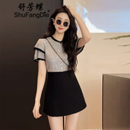 舒芳蝶（shufangdie）連衣裙女裝2025夏季新款套裝女設(shè)計感圓領(lǐng)撞色條紋亮片針織衫上衣 單灰色短袖上衣 M