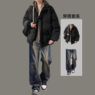 唐號假兩件棉服男款冬季寬松休閑加厚保暖棉衣外套日系潮流連帽棉襖子 8809黑色棉服+藍色牛仔褲 L