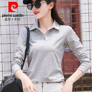 皮爾卡丹（pierre cardin）純棉翻領t恤女短袖2025夏季新款polo衫上衣顯瘦寬松休閑運動服 FL-10:純棉長.袖:灰色  春秋款 XL 建議（111-125）斤