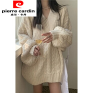 皮爾卡丹（pierre cardin）V領燈籠袖灰色毛衣女寬松外穿遮臀部慵懶風秋冬新款加厚韓系針織 米白色【優(yōu)質(zhì)版】 2XL 建議130-140斤