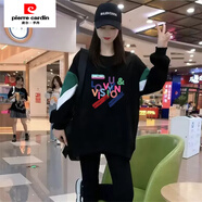 皮爾卡丹（pierre cardin）歐貨拼接圓領(lǐng)加絨衛(wèi)衣女2024年春秋新款寬松中長款顯瘦長袖上 薄款黑色 彩色字母 M 80-115斤